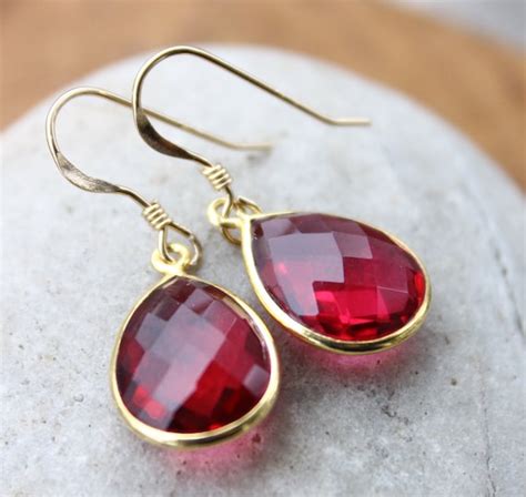 Ruby Earrings : Gold Red Ruby Quartz Gemstone Earrings - Teardrops - 14Kt Gold Fill