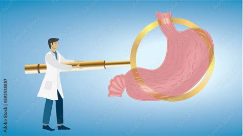 Man Doctor With Big Magnifying Glass Focus Looking At Stomach Ulcer