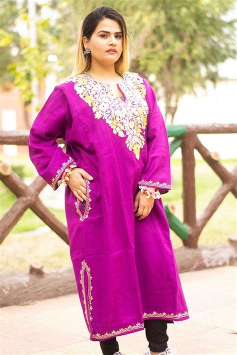 Purple Colour Kashmiri Work Embroidered Phiran Enriched Neckline