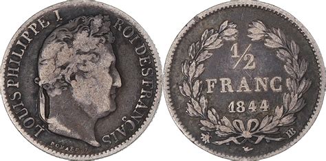 France 1 2 Franc 1844 BB Coin Louis Philippe Strasbourg Silver VF 20