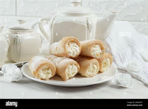 Puff Rolls With Vanilla Cream Delicious Cream Horns Filled With