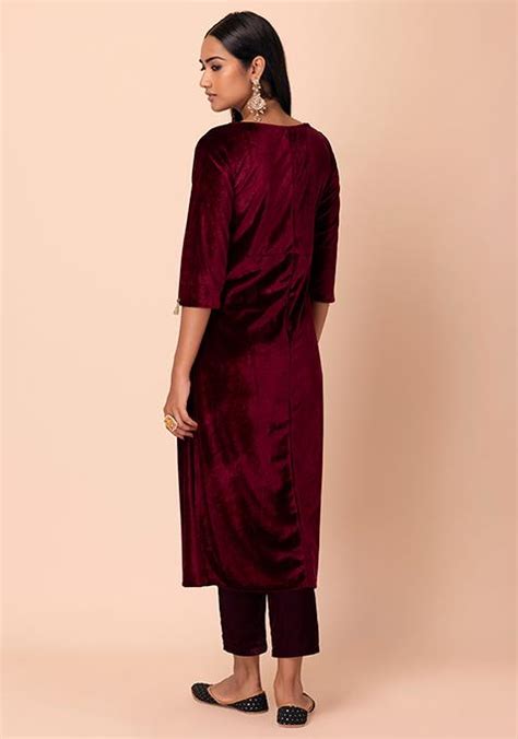 Buy Women Maroon Embroidered Yoke Velvet Straight Kurta Rtw Indya