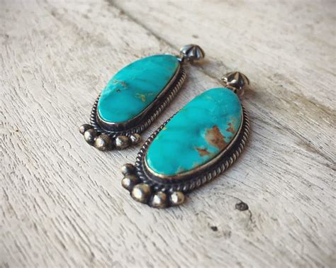 Vintage Sterling Silver Long Turquoise Earrings For Women Signed