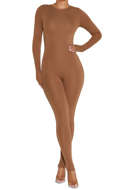 Naked Wardrobe Long Sleeve Catsuit In Brown Lyst