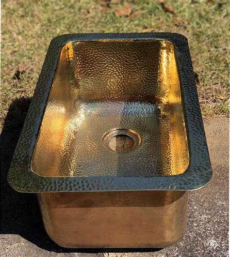 Hand Hammered Brass 16 Rectangle Bar Prep Sink With Choice Of Finish Offset Drain — Santa