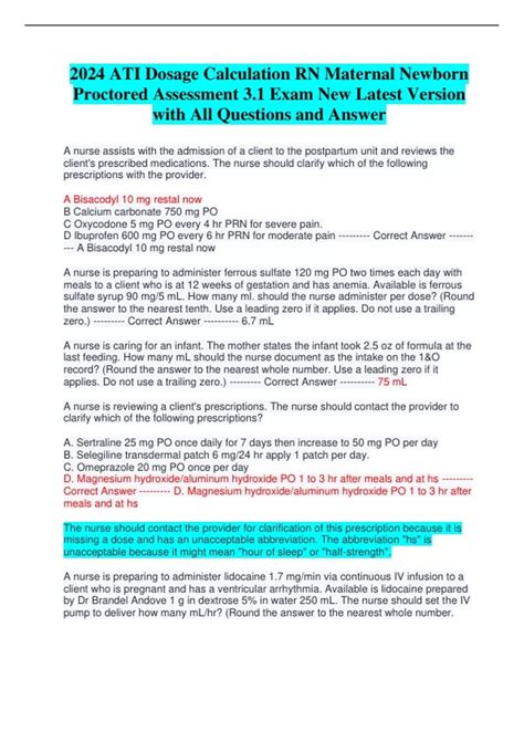 2024 ATI Dosage Calculation RN Maternal Newborn Proctored Assessment 3.