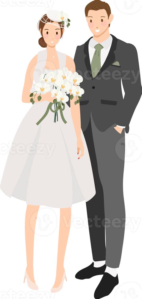 Cute Cartoon Young Wedding Couple With Phalaenopsis Orchid Bouquet Flat Style 11654313 Png