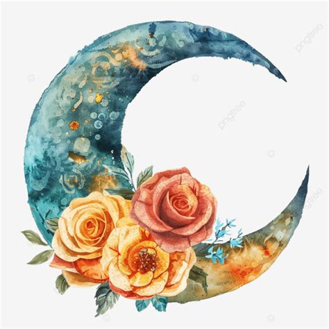 Watercolor Moon With Flowers Beautiful Floral Decorated Crescent On