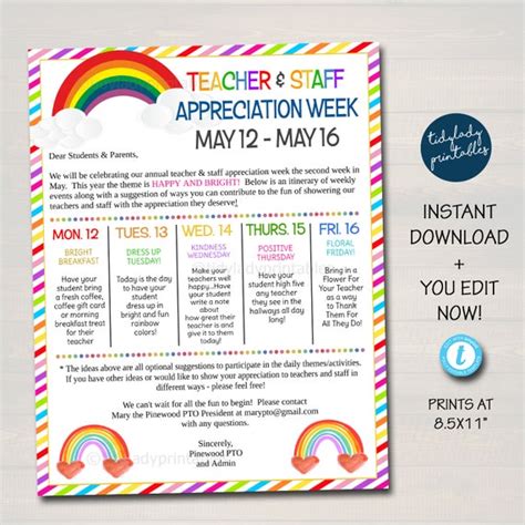 Editable Rainbow Theme Teacher Appreciation Staff Invitation Newsletter Printable Appreciation