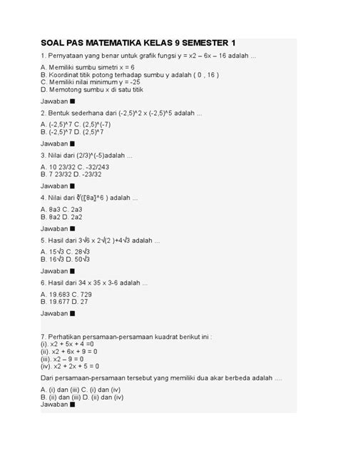 Soal Pas Matematika Kelas 9 Semester 1 Pdf