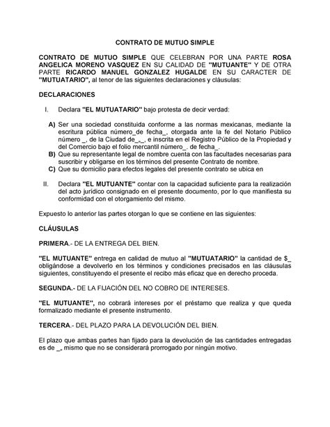 Modelo De Contrato De Mutuo