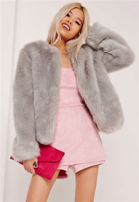 Missguided Collarless Short Faux Fur Coat Grey Grey Faux Fur Coat