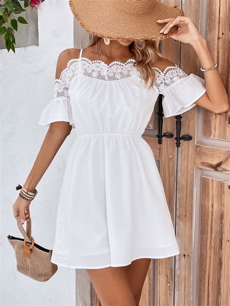 Shein Vcay Contrast Lace Cold Shoulder Flounce Sleeve Dress Shein Usa