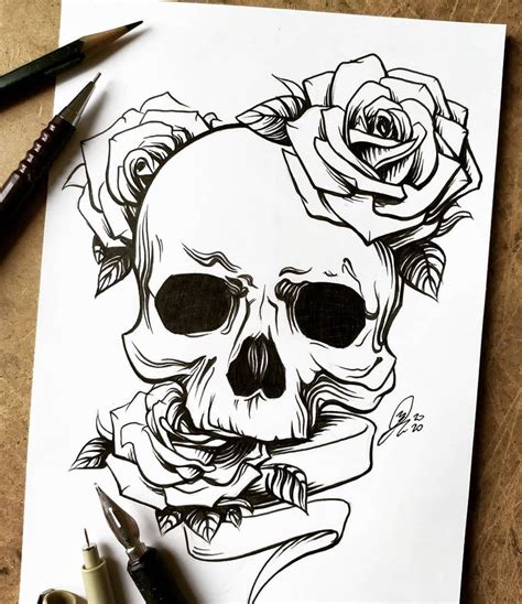 Skullandroses 2 By Ycapkinn In 2024 Roses Drawing Skull Art Tattoo