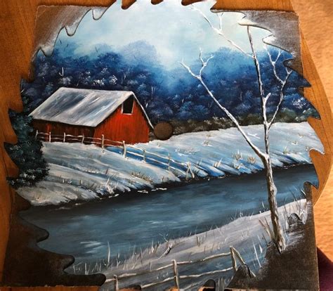 Winter River Red Barn 10 Inch Vintage Saw Hand Painted Rustic Home