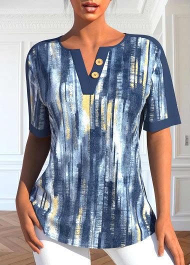 Rotita Button Ombre Dusty Blue Split Neck Short Sleeve Blouse Rotita