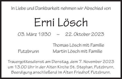 Traueranzeigen von Erni Lösch SZ Gedenken de