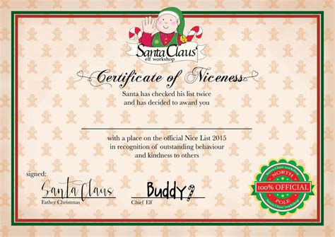 Personalised Santas Nice List 2015 Christmas Certificate Christmas