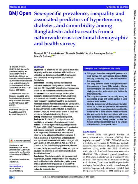 Pdf Sex Specific Prevalence Inequality And Associated Predictors Of Hypertension Diabetes