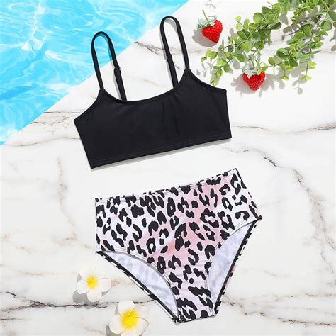 Girl S Piece Swimsuit Sport Solid High Waist Bikini Set Bathing Suit Girls Sport Black