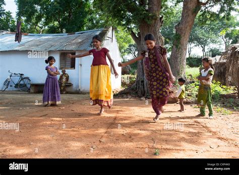 Indian Girls Playing Games In A Rural Indian Village Andhra Pradesh