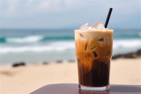 Premium Ai Image A Glass Of Iced Coffee On A Table With The Beach In