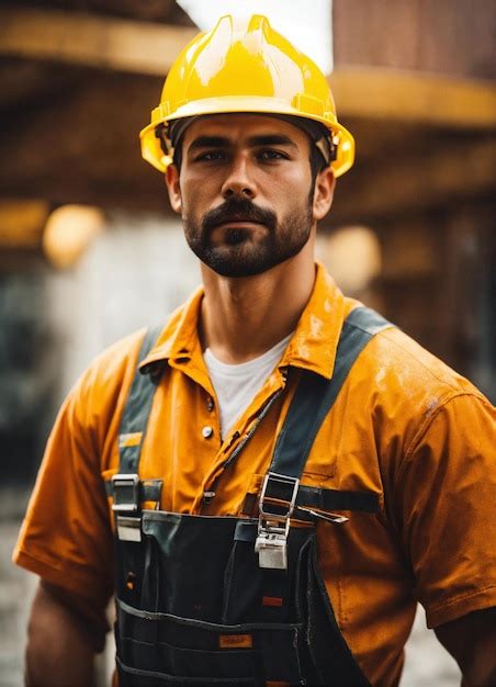 Foto Do Construtor Em Um Colete De Constru O E Capacete Laranja De P