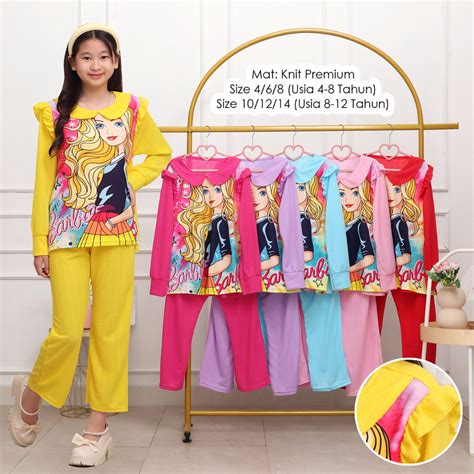 Jual Baju Setelan Anak Perempuan Barbie Usia 4 12 Tahun Bahan Knit