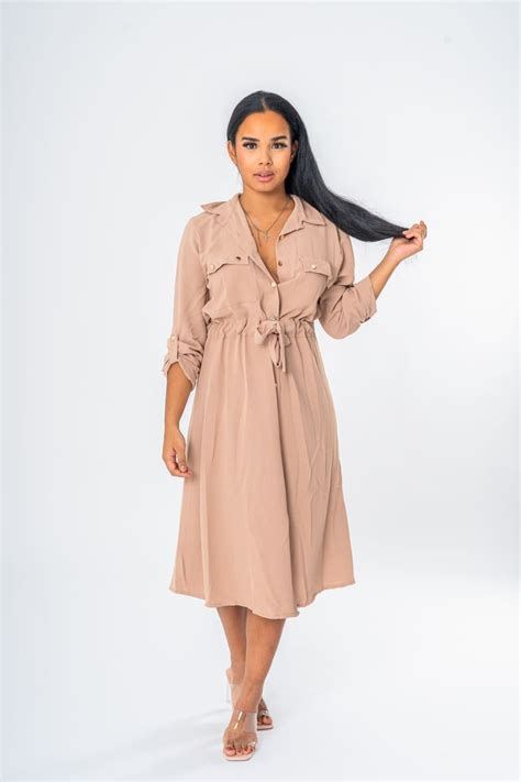 Robe Longue Chemise Saharienne Ceintur E Beige Cinelle Paris Mode