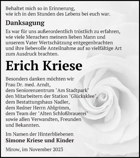 Traueranzeigen Von Erich Kriese Trauer Nordkurier