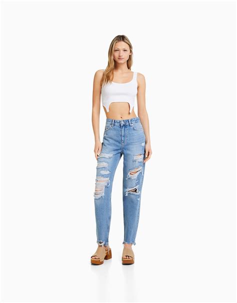 Jeans Straight Cropped Rotos Bsk Teen Bershka