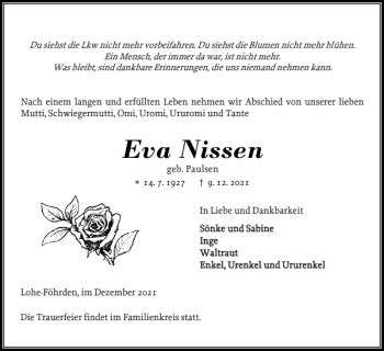 Traueranzeigen Von Eva Nissen Sh Z Trauer