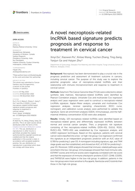 PDF A Novel Necroptosis Related LncRNA Based Signature Predicts