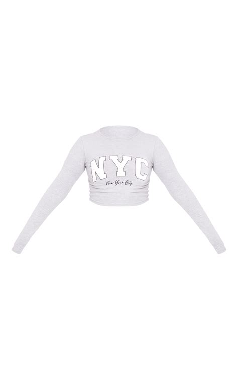 Grey Marl Long Sleeve Nyc Printed Fitted T Shirt Prettylittlething