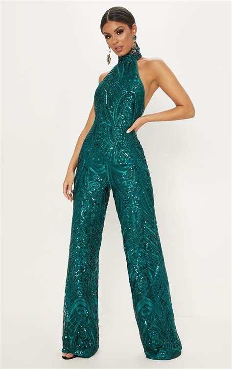 Green Sequin High Neck Jumpsuit Jumpsuit Elegant Prom Jumpsuit Sparkly Jumpsuit