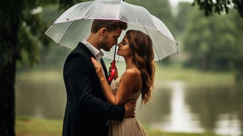 Premium Photo Rainy Romance Couples Sharing A Tender Moment Under An Umbrella