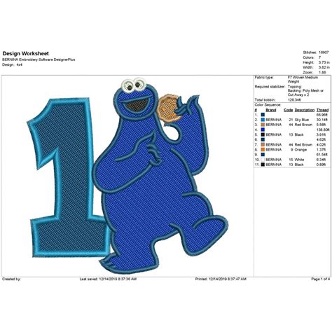 Cookie Monster Sesame Street Number 1 Fill Stitch Embroidery Design