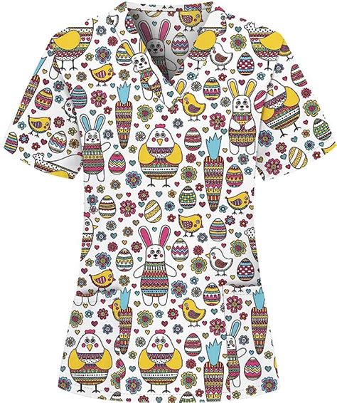 Women Easter Nursesscrub Top Bunny Print Scrubshirt