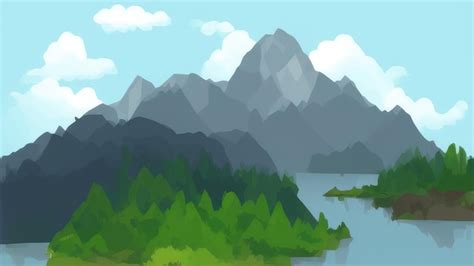 Una pintura digital de un paisaje montañoso con un lago y montañas al