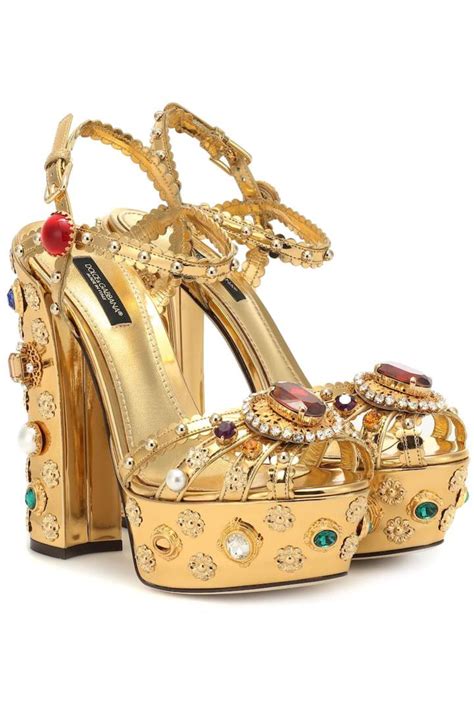 Dolce And Gabbana Gold Embellished Leather Plateau Sandals Leather