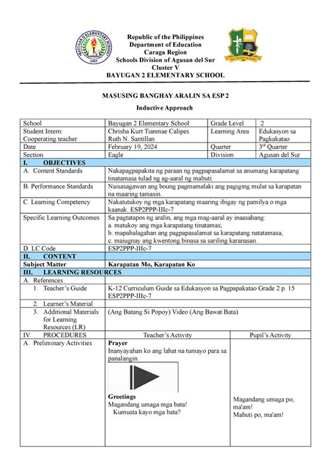 Esp Dlp Final Detailed Lesson Plan Sa Esp Grade Republic Of The