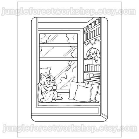 Cozy Cat And Bunny Reading Nook Coloring Page Hand Drawn Cute Relaxing