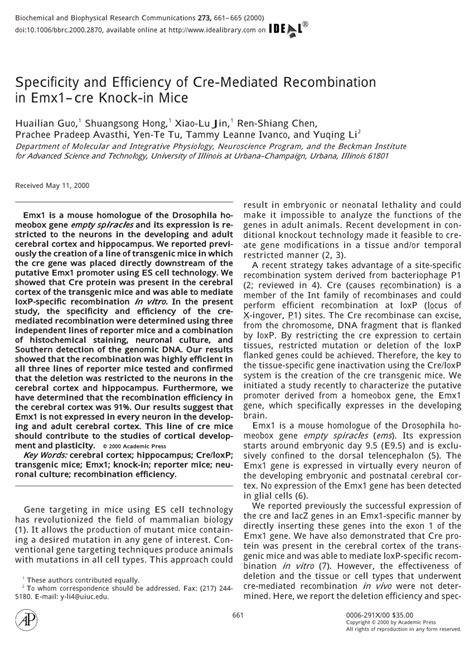 Pdf Specificity And Efficiency Of Cre Mediated Recombination In Emx