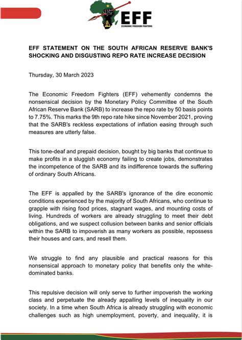 Economic Freedom Fighters On Twitter EFF Statement On The South