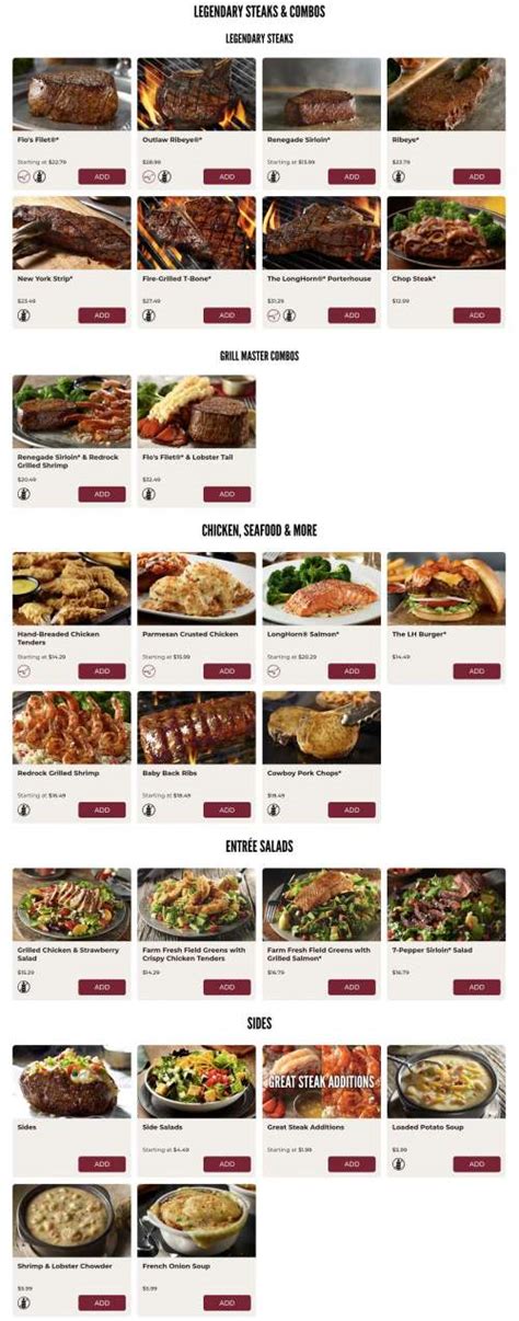 Longhorn Steakhouse Menu In Live Oak Texas Usa