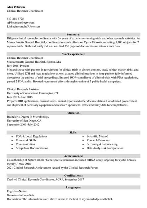 Clinical Research Assistant Resume Sample