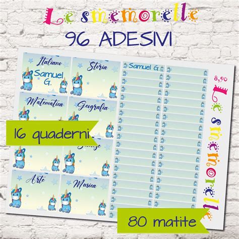 Kit Set Etichette Adesive Personalizzate Con Nome E Materie Per La