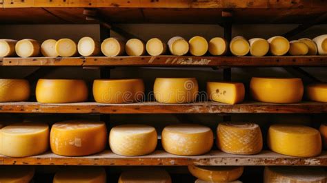 Big Wooden Shelf Filled With Different Kind Of Cheese Heads Cheddar