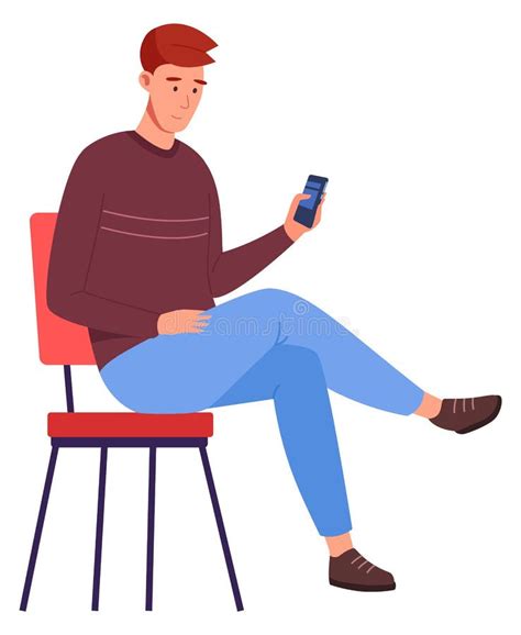 Waiting Guy Sit In Chair And Looking At Smartphone Person Boring Stock Vector Illustration Of