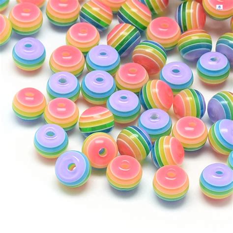 Beadthoven 100pc Pride Beads Transparent Stripe Resin Beads Round